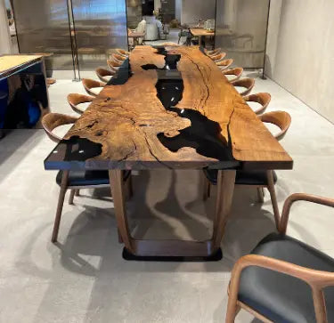 Smoke color epoxy resin walnut dining table with walnut chairs