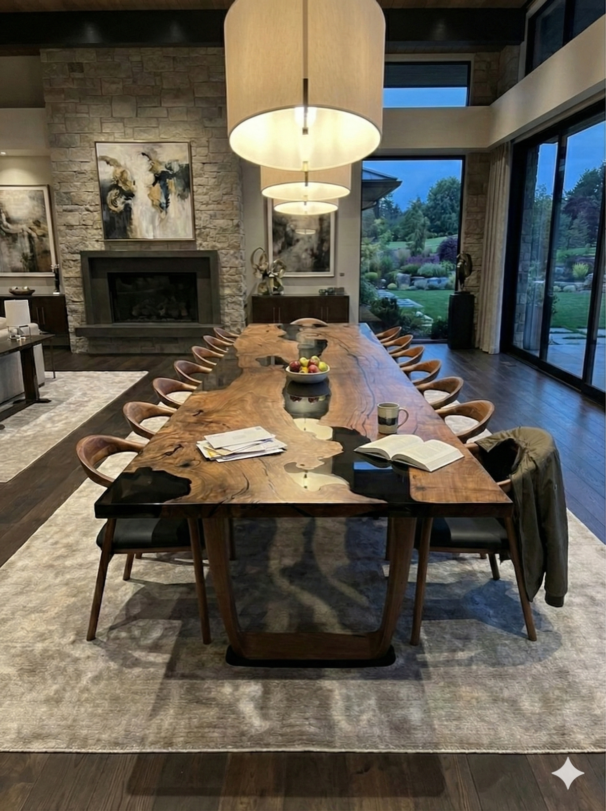 Dining room with a large wooden table and chairs in a modern home setting.