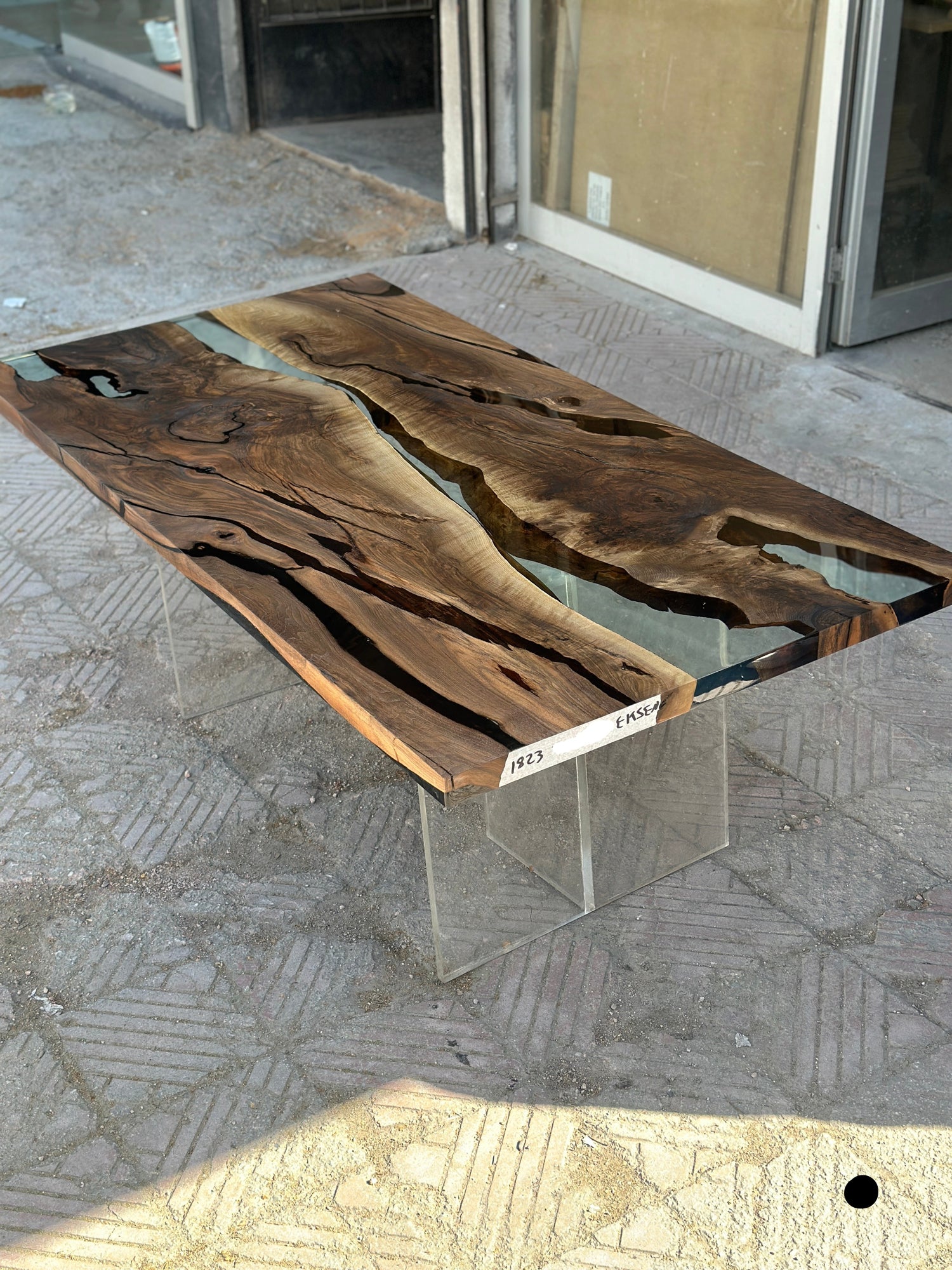 86" Black walnut wood silver leg resin dining table with clear resin
