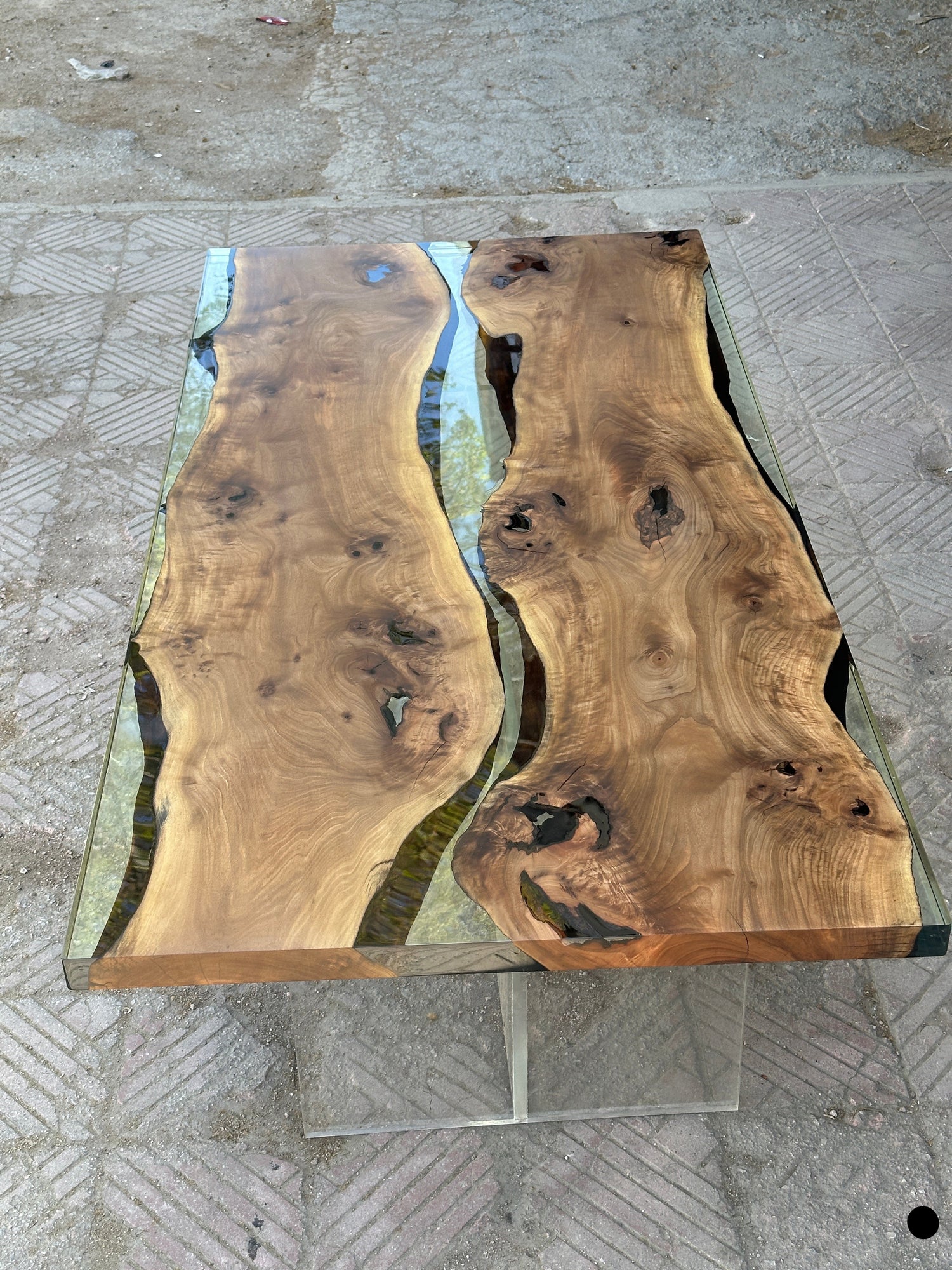 86" walnut wood silver leg resin dining table