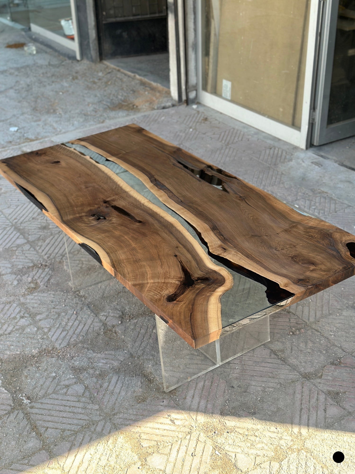 86" walnut wood silver leg resin dining table with clear resin