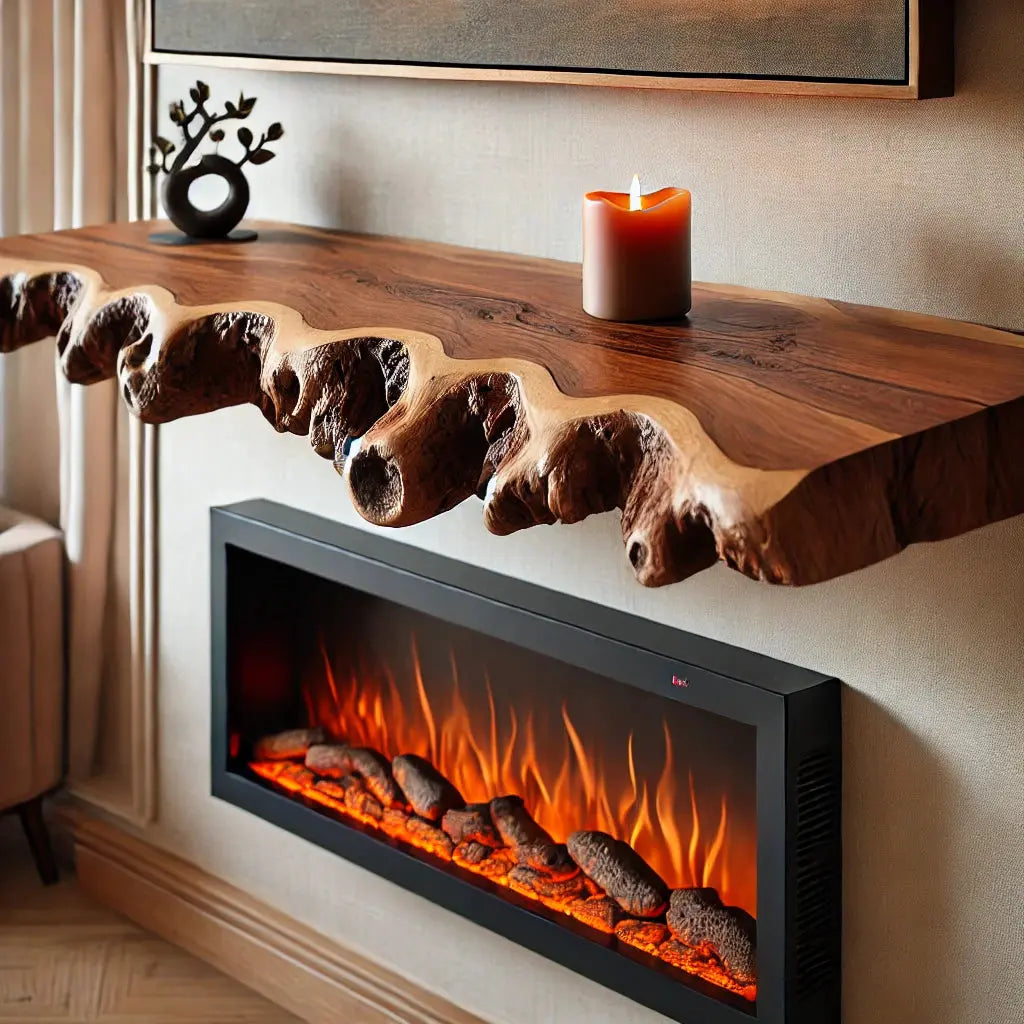 A close-up view of a custom handcrafted wooden mantel shelf with a live edge design, positioned above a modern electric fireplace. The shelf displays