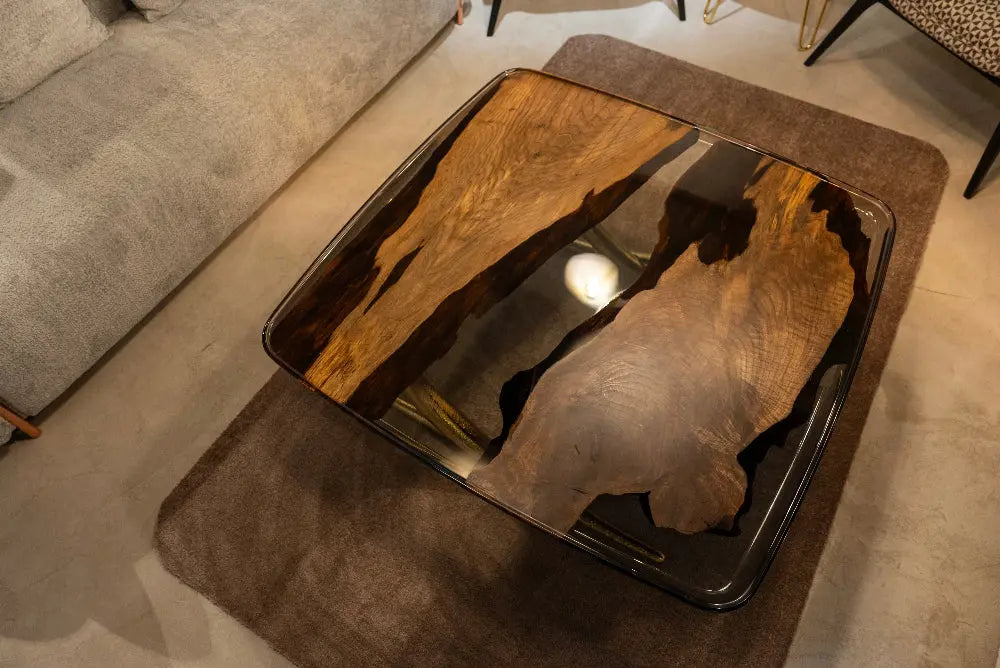 Epoxy Resin Living Room Coffee Table made of solid walnut top view