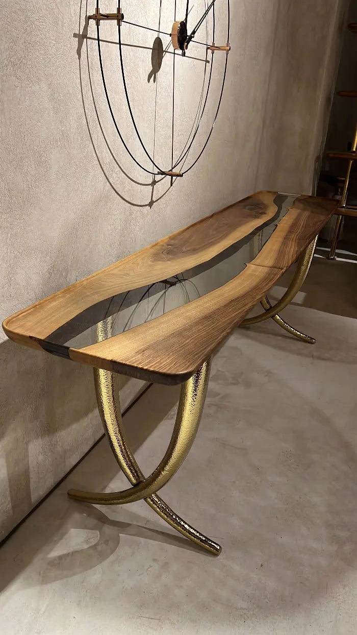 Epoxy Resin Sofa & Console table with golden legs made of Walnut wood