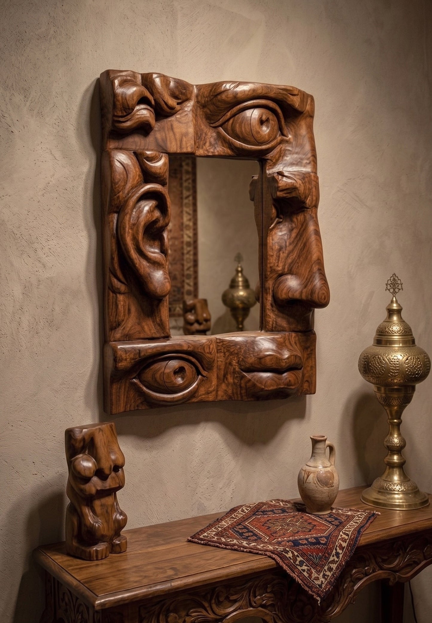 Modern Wooden Face Mirror – Handcrafted Sculptural Wall Art Mirror Gizz