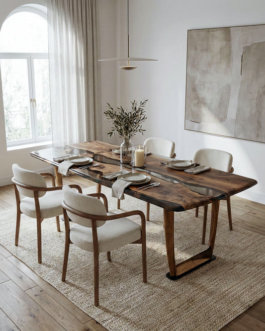Dining room with a wooden table and white chairs, featuring a large abstract painting on the wall.