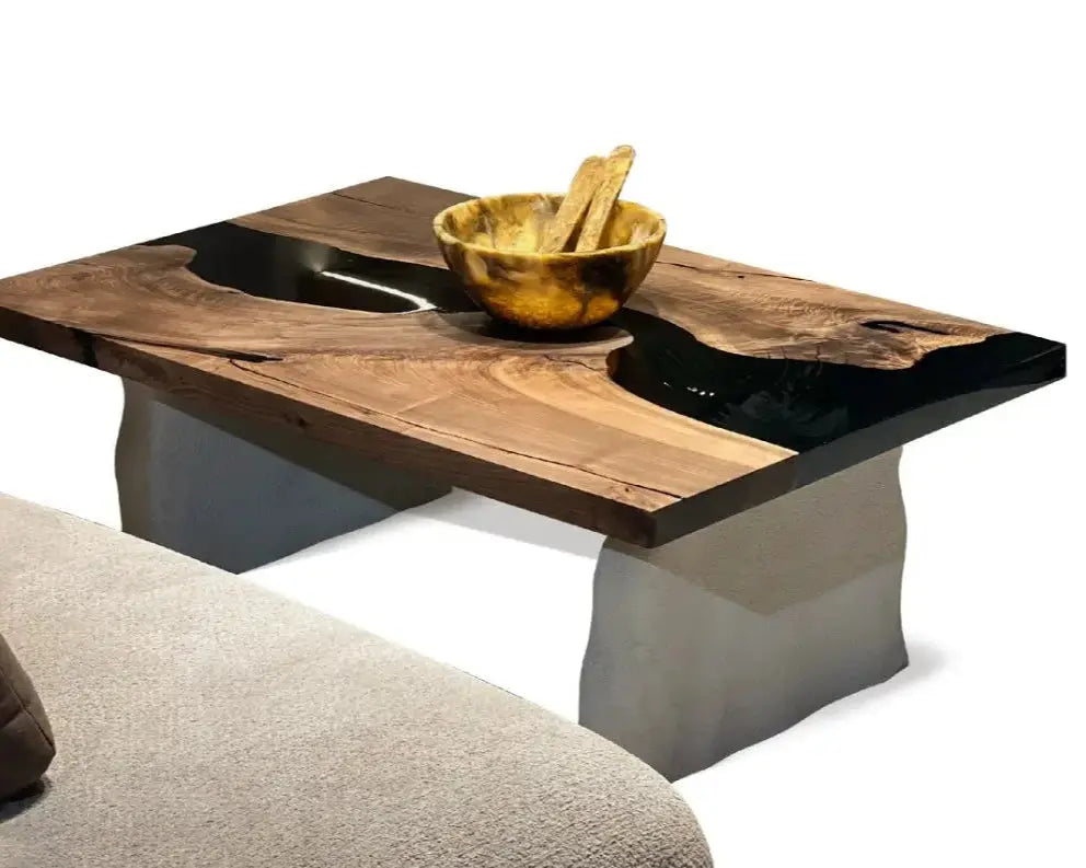 Handcrafted walnut and epoxy coffee table with stone-like legs