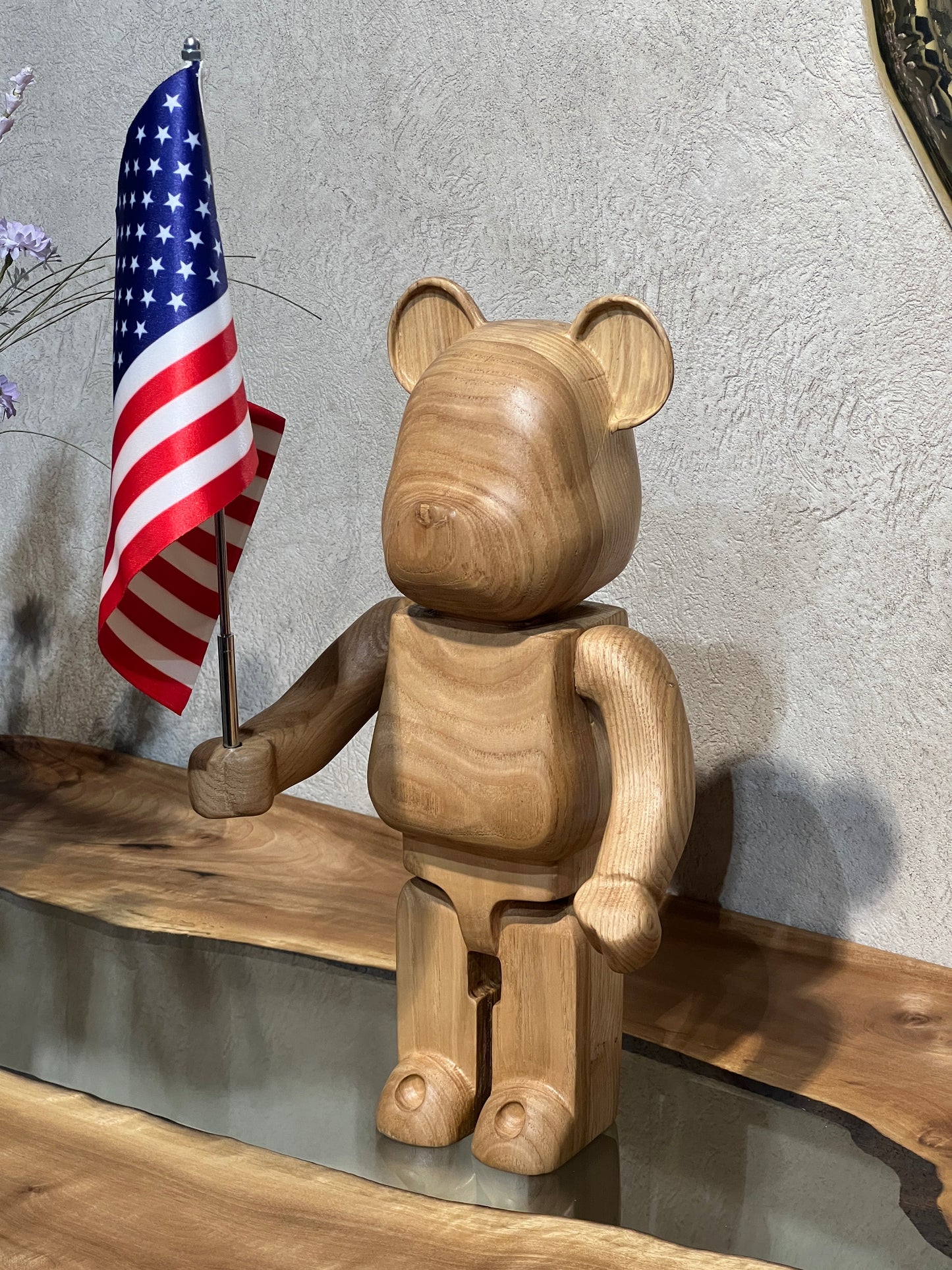 Wooden Bear Holding Flag - 15" tall Gizz