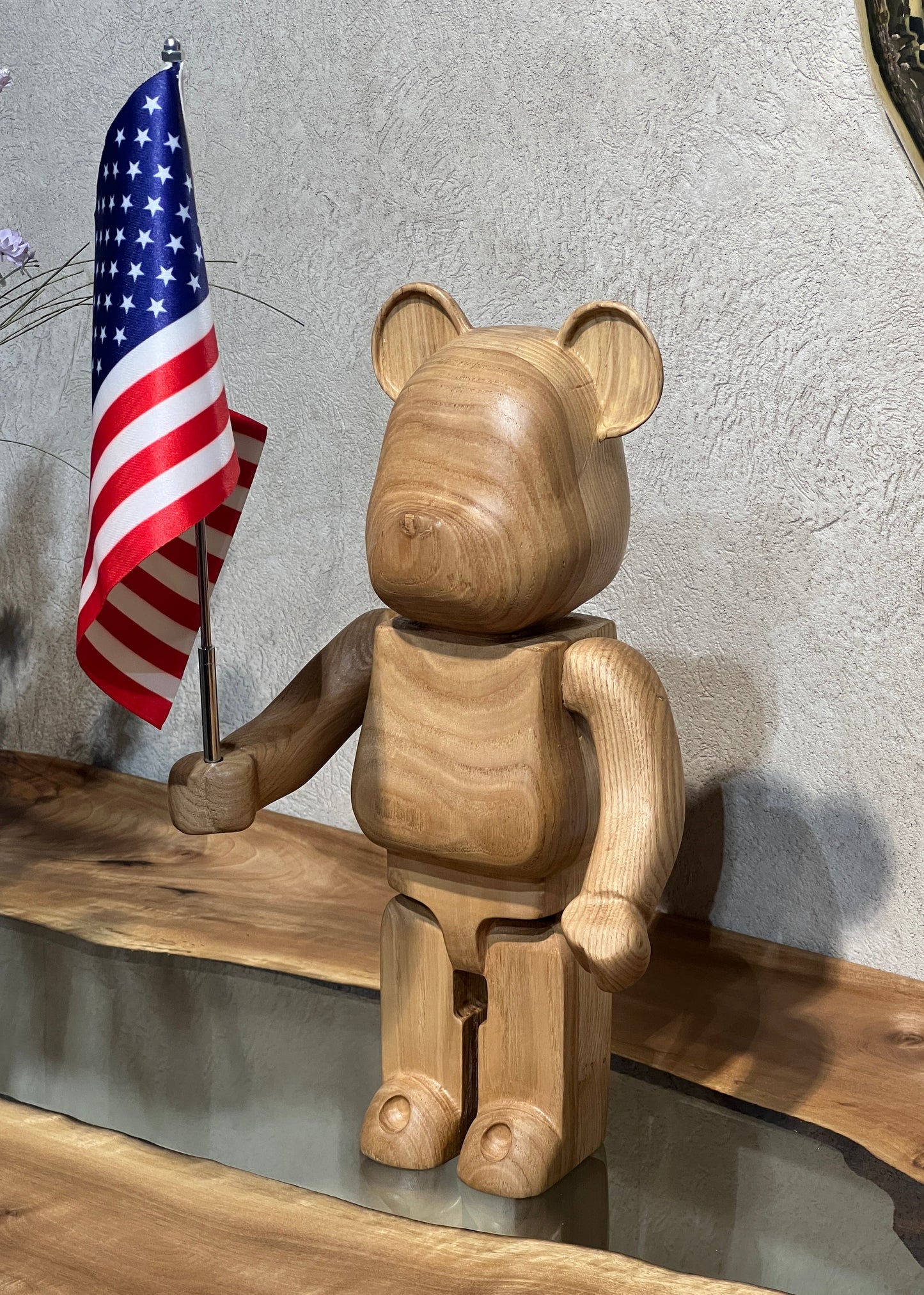 Wooden Bear Holding Flag - 15" tall Gizz