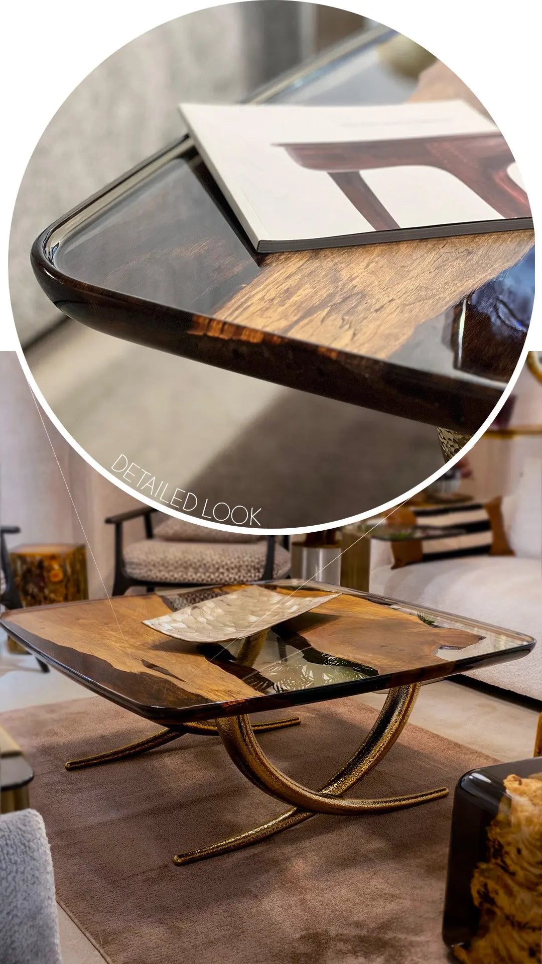 Luxurious Ivory Shaped Epoxy Resin Dining Room Coffee Table detailed