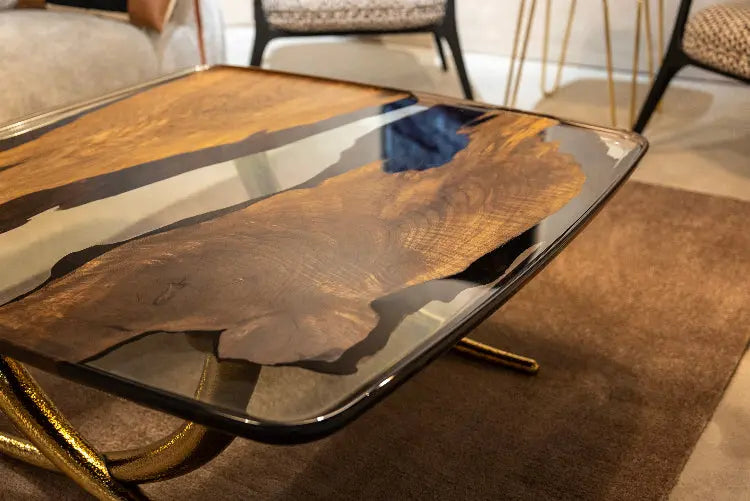 Luxurious Ivory Shaped Epoxy Resin Dining Room Coffee Table made of solid walnut detailed look