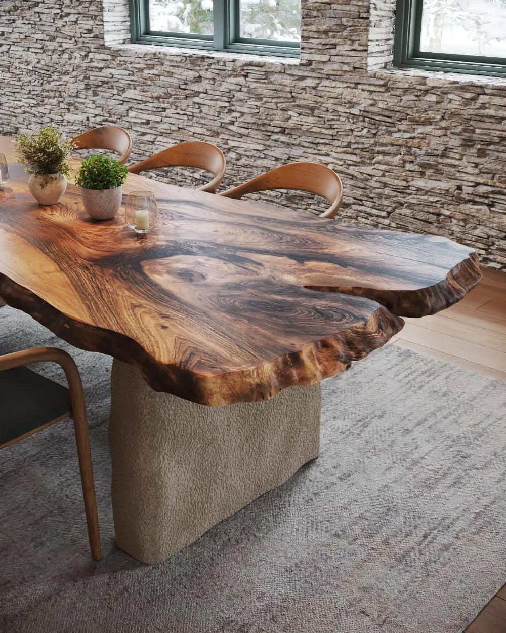 Luxury Rustic Solid Wood Walnut Table with Stone