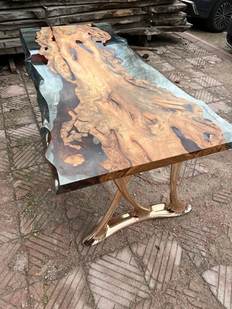 Resin Live Edge Linden Wood Dine Table rose gold