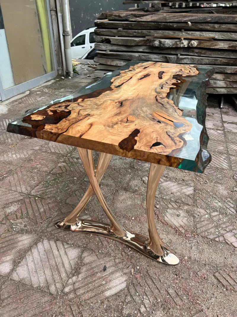 Resin Live Edge Linden Wood Dining Table rose gold