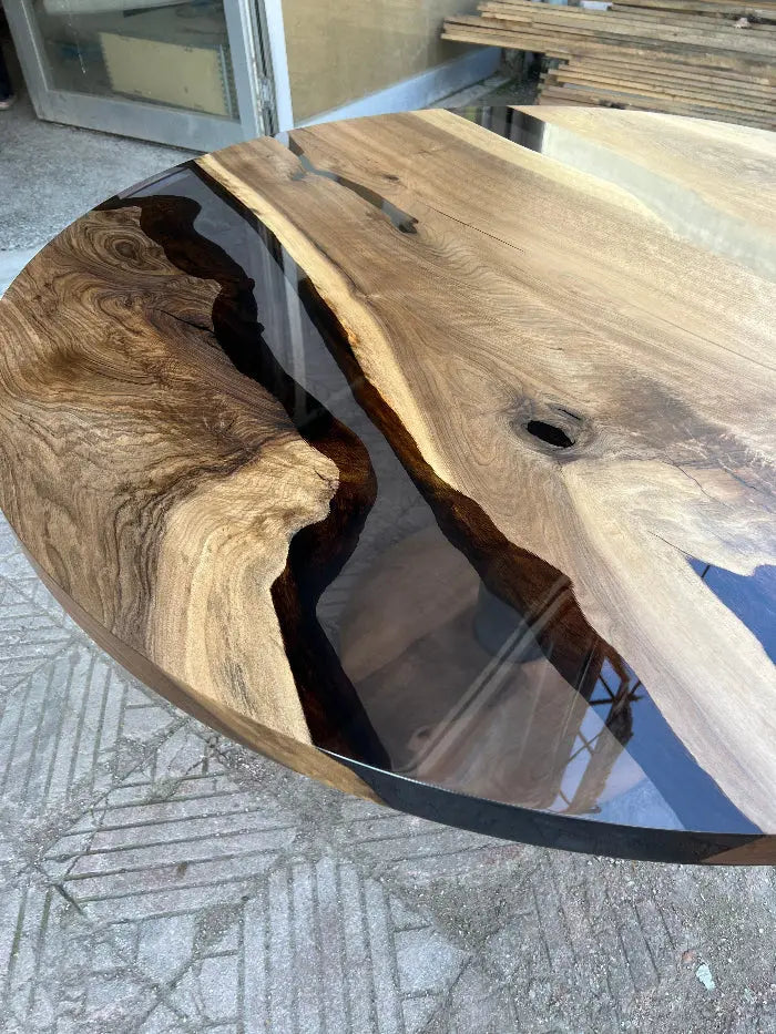 Round Epoxy Resin Walnut Dining - Kitchen Table With Wood Base detailed look at smoked resin