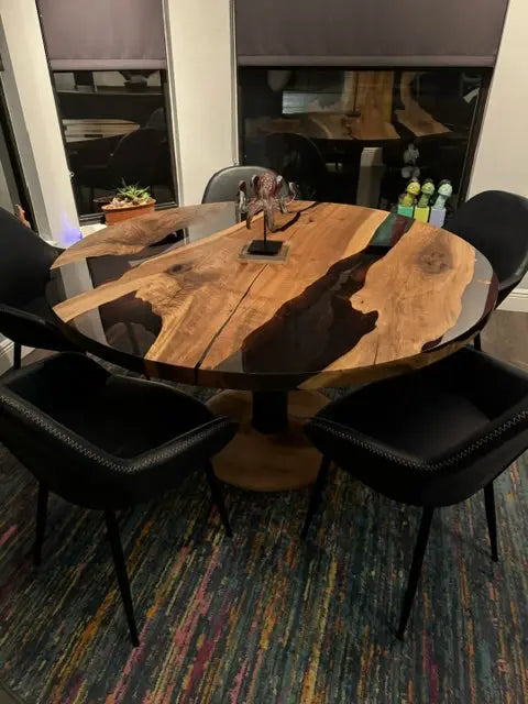 Round Epoxy Resin Walnut Dining - Kitchen Table With Wood Base on client's room