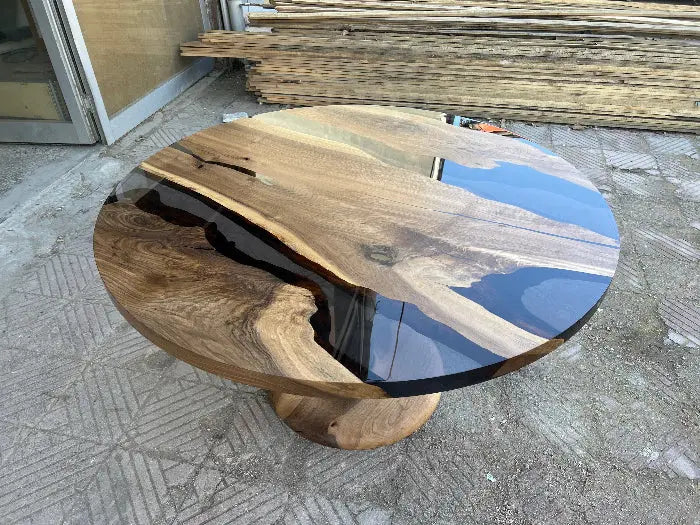 Round smoked Epoxy Resin Walnut Dining - Kitchen table outside look