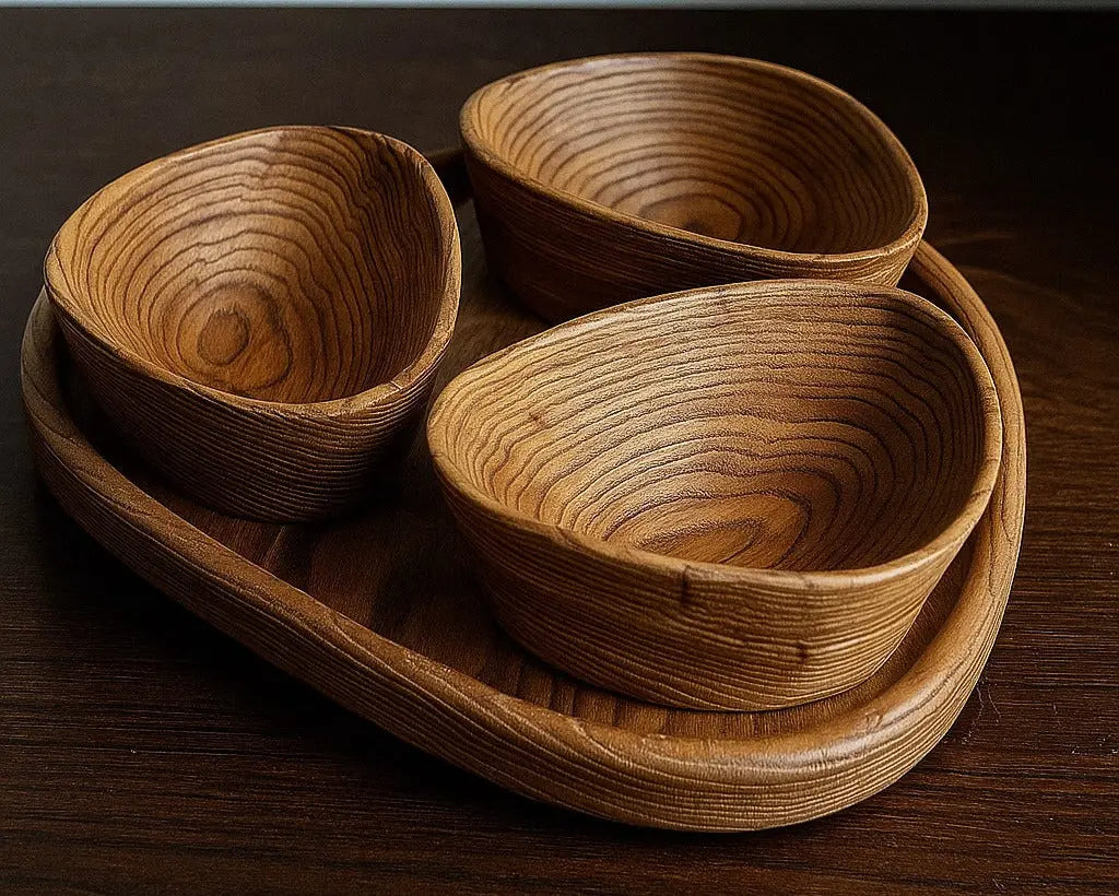 Set of woven wooden bowls on a wooden surface with a neutral background