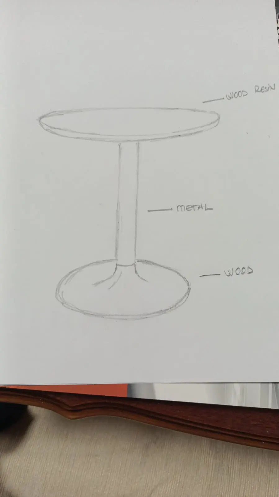 Sketch of Round Epoxy Resin Walnut Dining - Kitchen Table With Wood Base on white paper