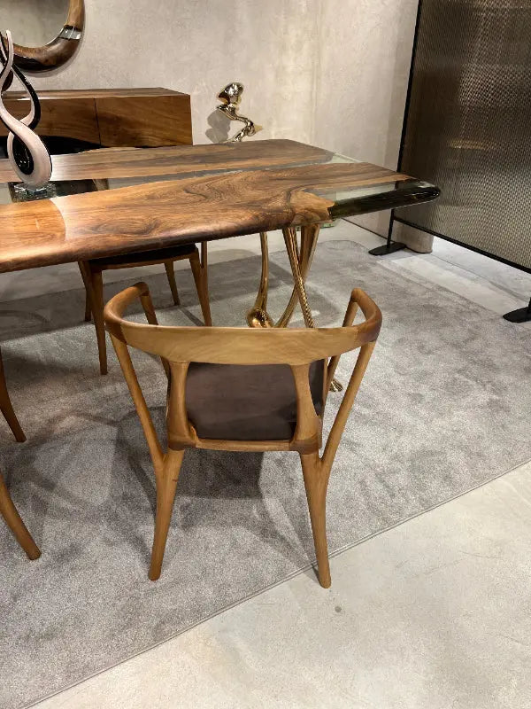 Utmost quality Solid Chair made of walnut with brown leather uphosltery back view