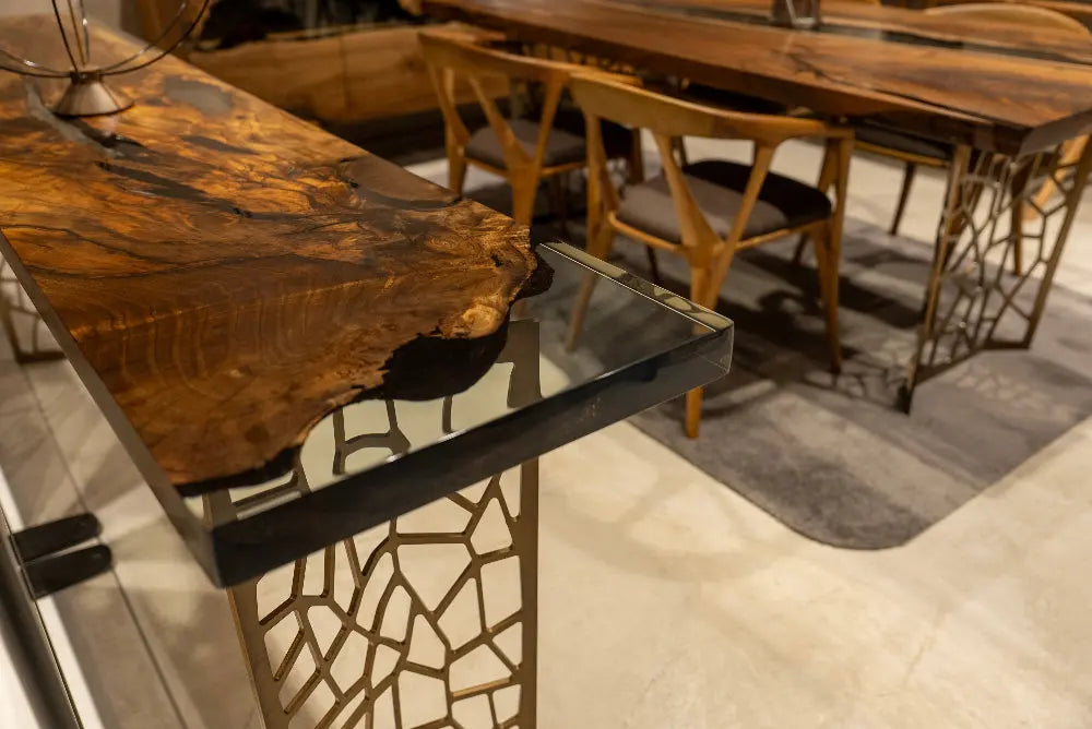 Walnut wood and resin sofa & entry table detailed look