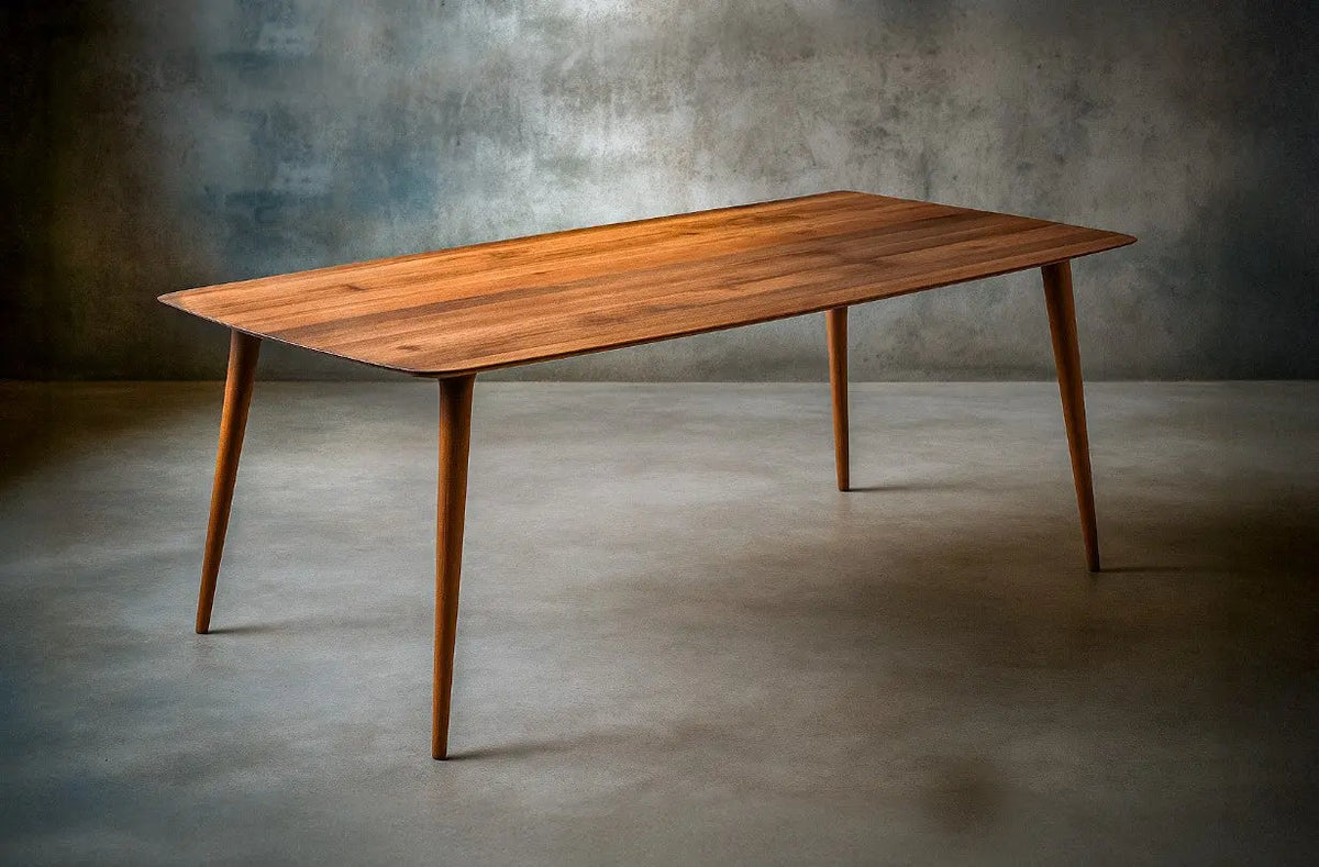 Wooden table against a textured wall
