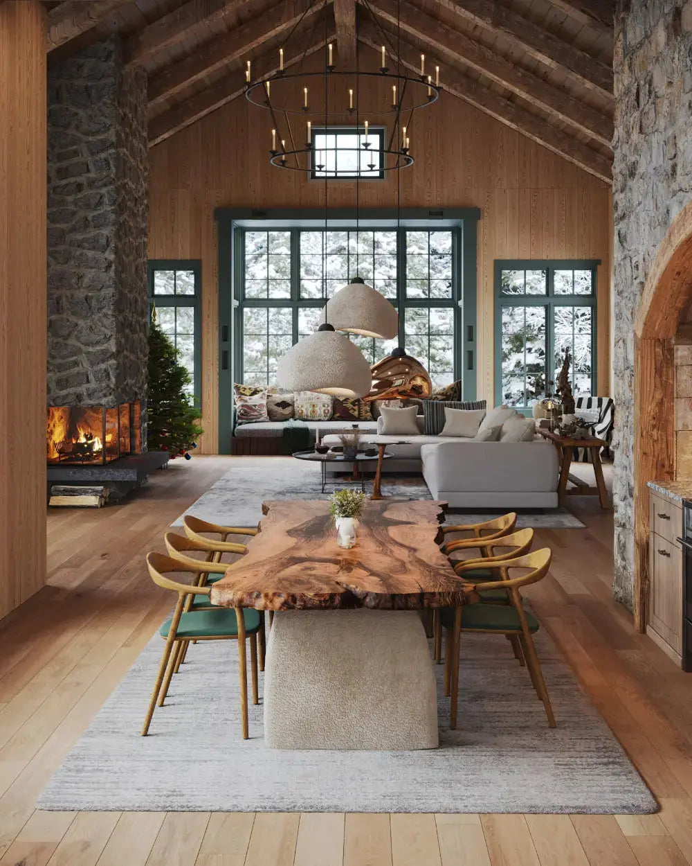 cement & stone looking pendant light and chandeliers in a warm place