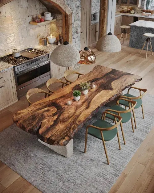 Luxury Solid Wood Walnut Table with Stone Inspired Legs with luxurious chandeliers