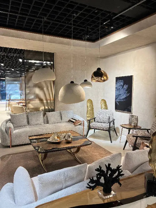 cement & stone looking pendant light and chandeliers in gold and white