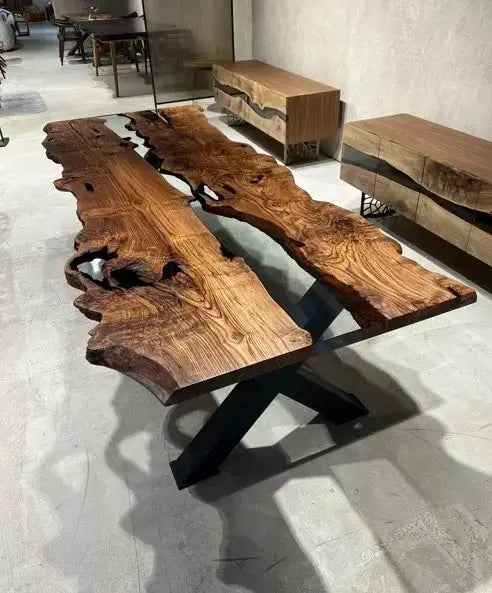 clear epoxy chestnut dining room table with black legs