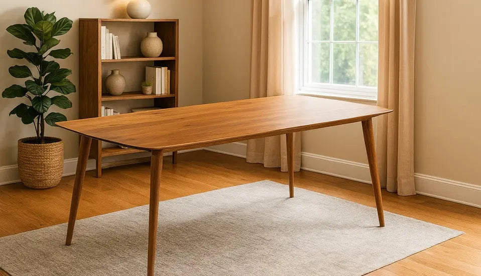Wooden dining table in a room with a bookshelf, plant, and window.