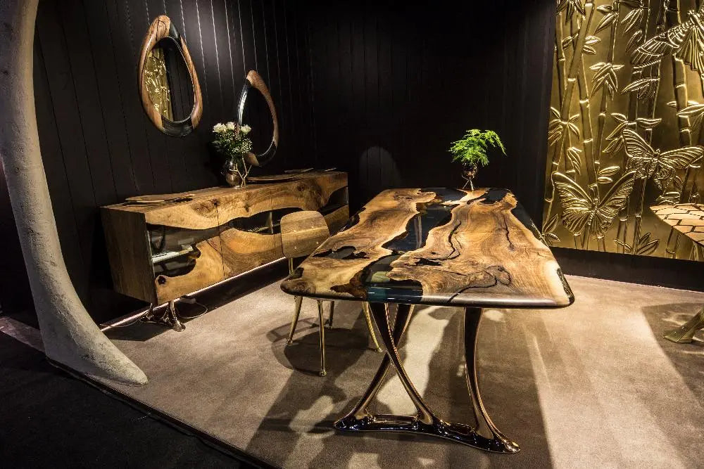 dining room table and sideboard made of walnut and resin