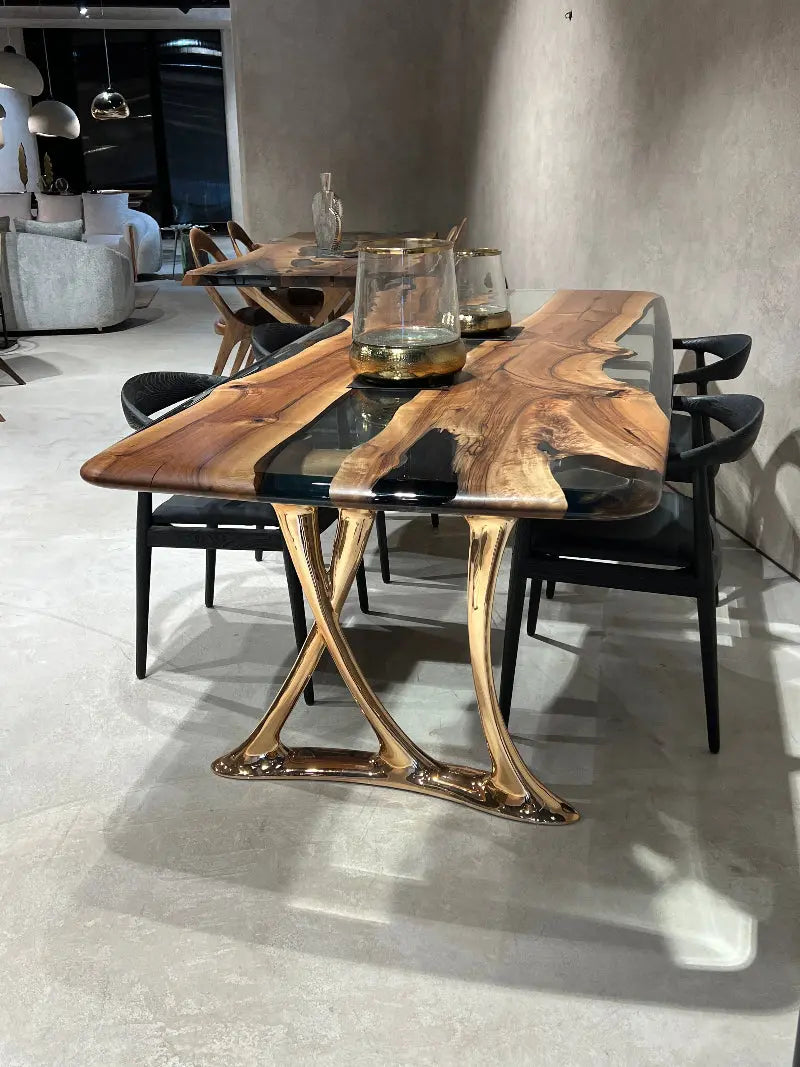 dining room table made of walnut and resin