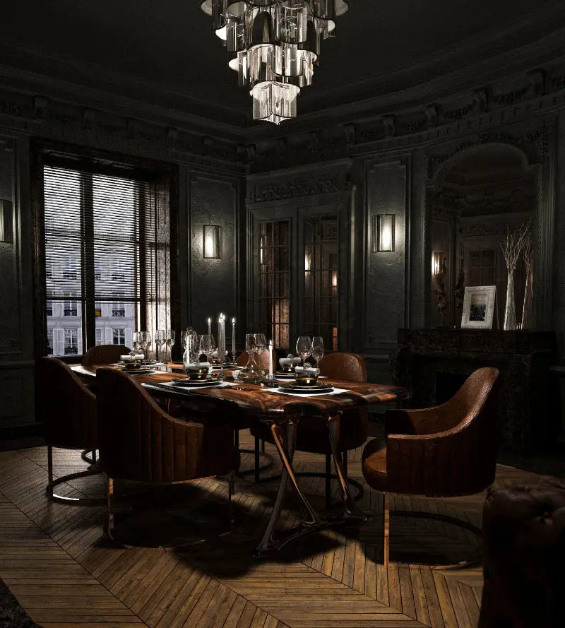 dining room table made of walnut and resin in a black room