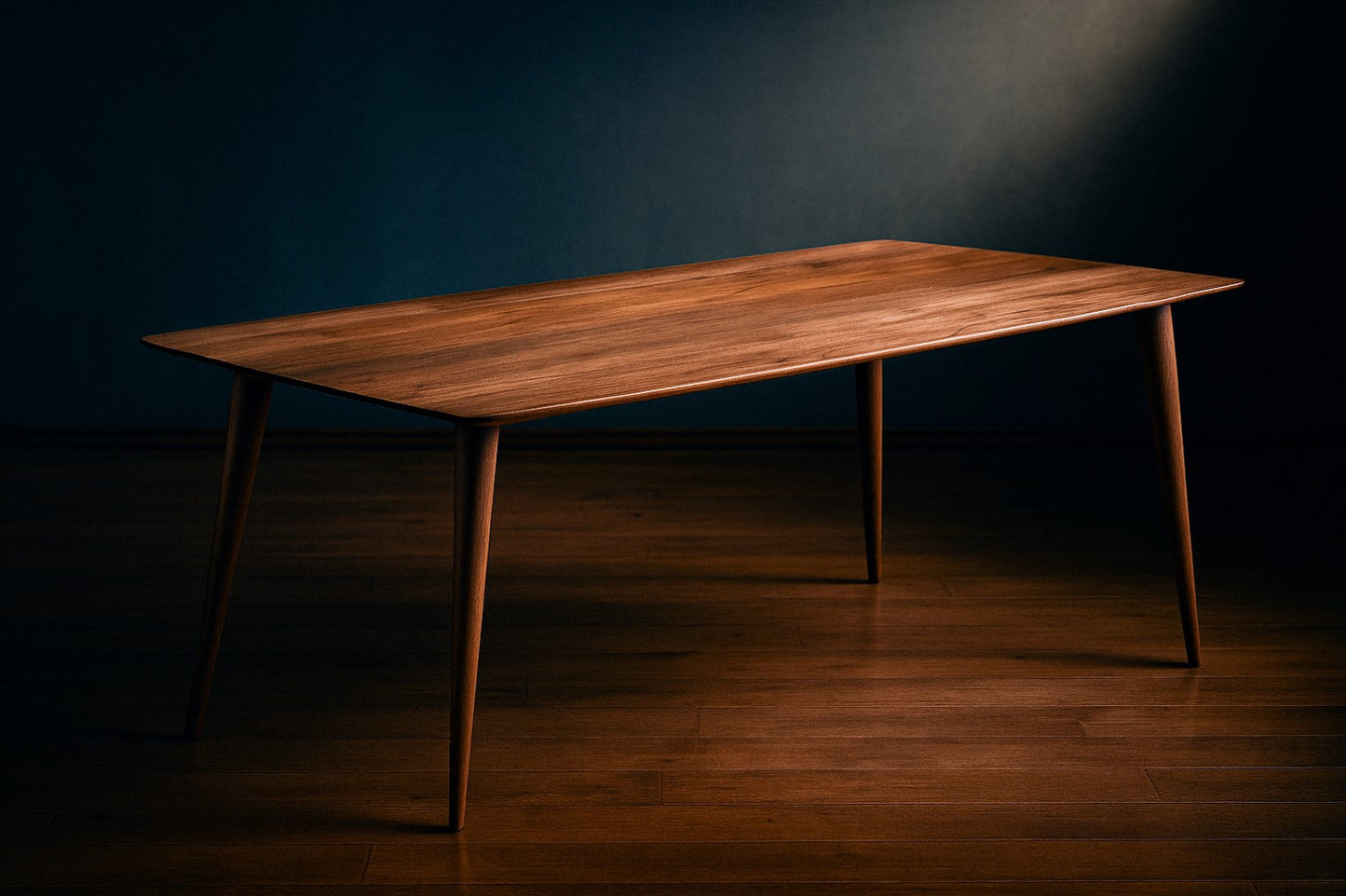 Wooden table in a dark room with a spotlight