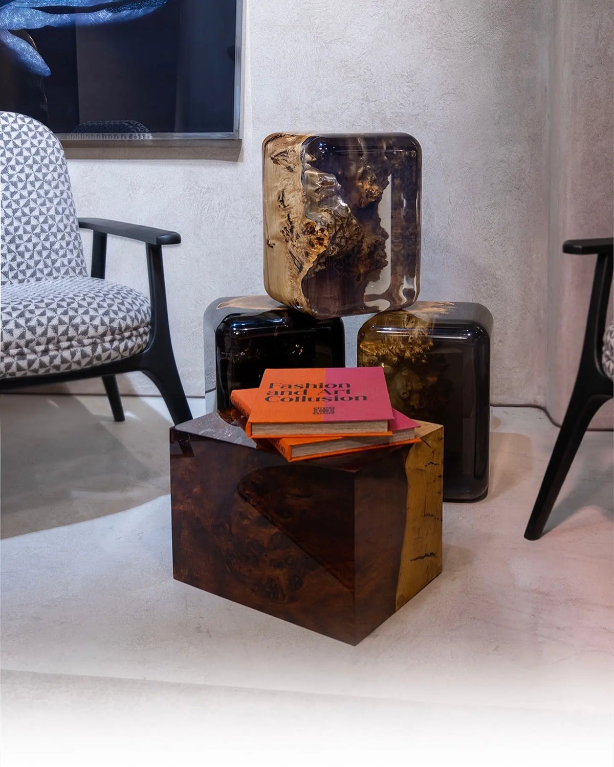 epoxy resin cube end tables in different shapes