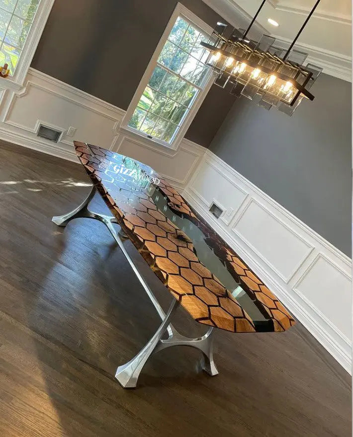 epoxy resin hex walnut table in a client's room
