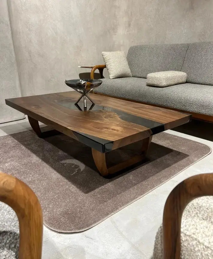 handcrafted smoked color resin coffee table with walnut legs