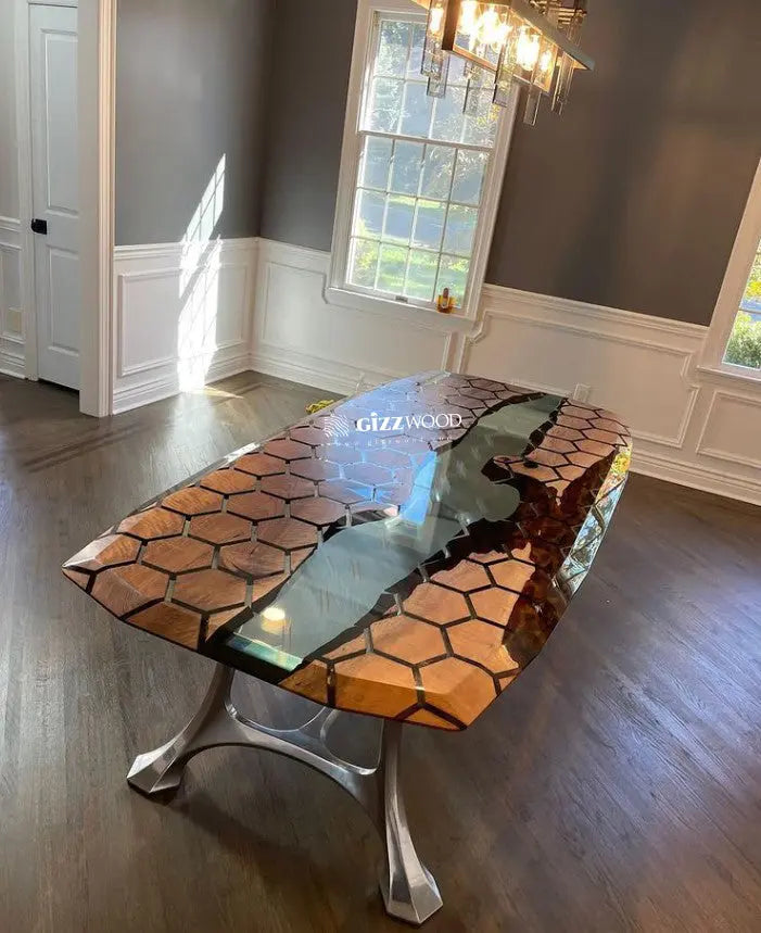 hex walnut table in a client's room