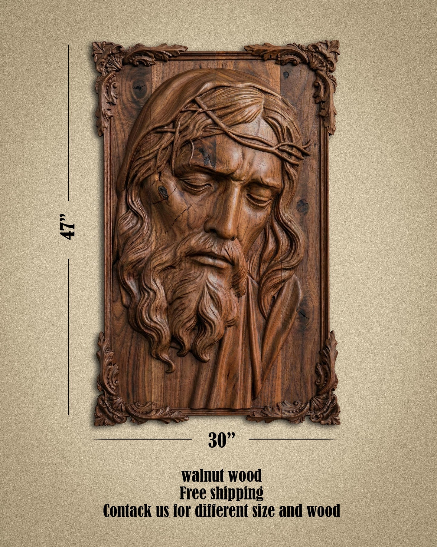 Hand-Carved Walnut Wood Jesus Relief Sculpture - 47" x 30" Gizz