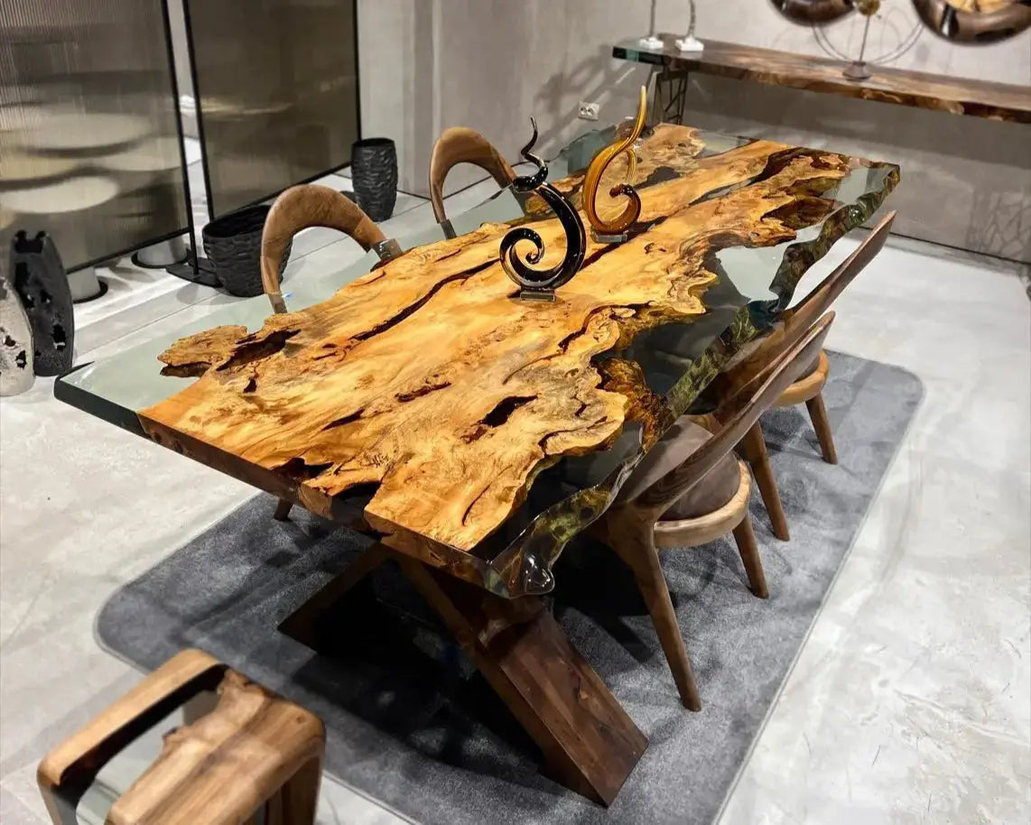 Epoxy Resin River Dining Table With Walnut Wood Legs – Gizz