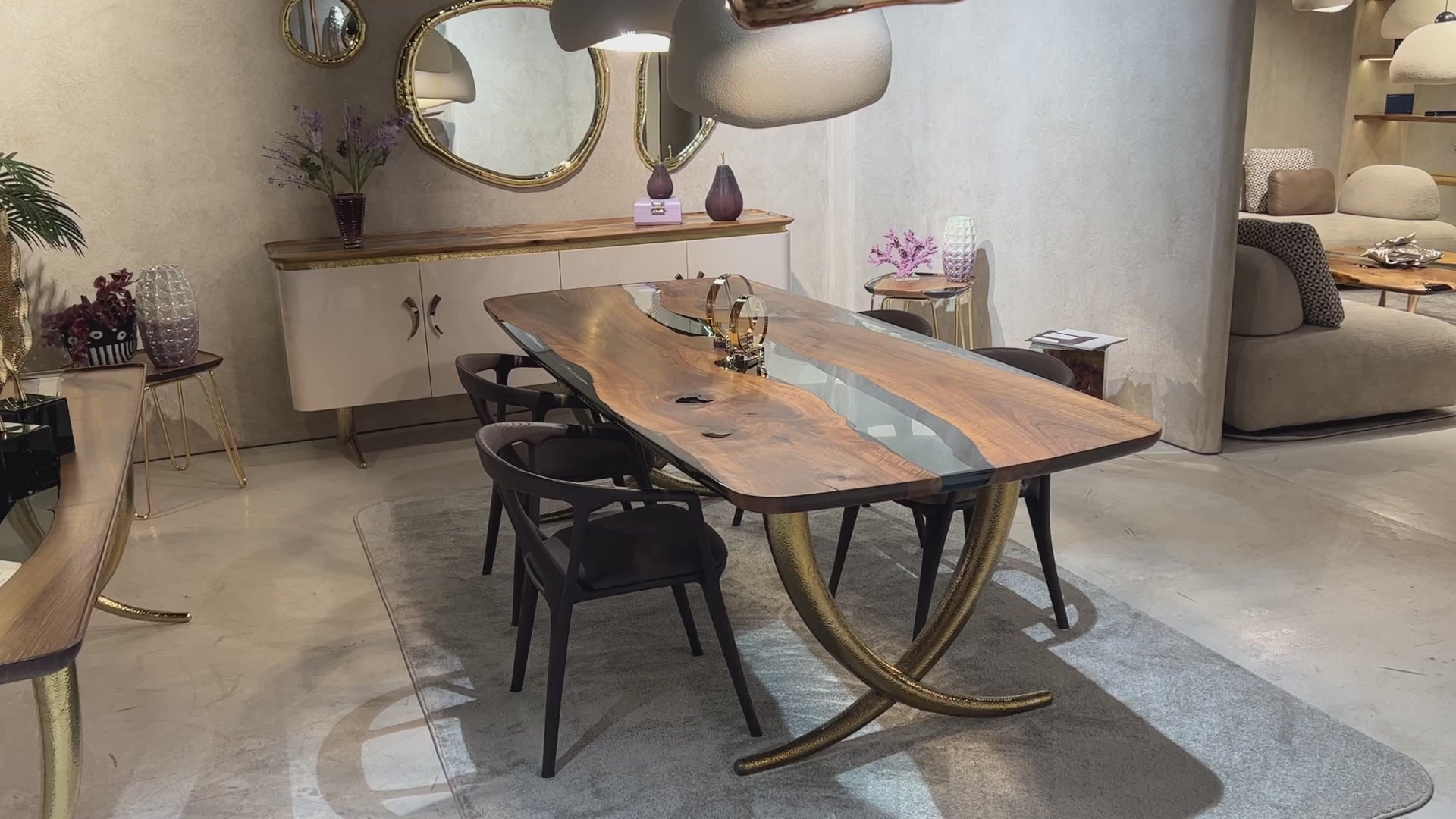 walnut wood dining table with golden legs inspired from ivory