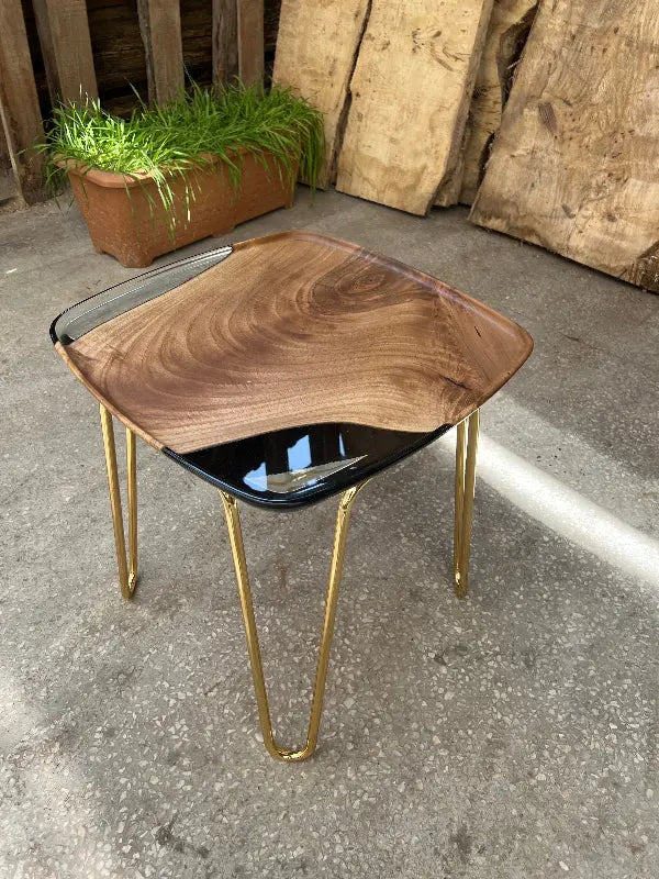 rectangular walnut side table with gold legs