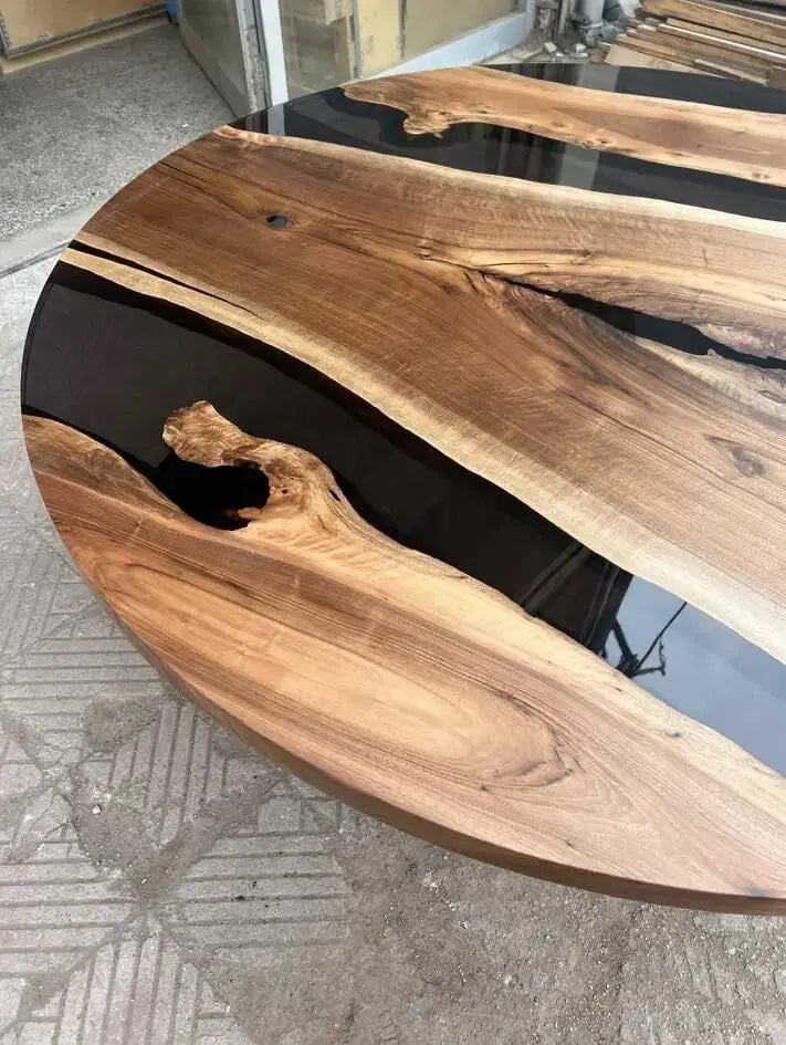 round Epoxy resin table with wooden tulip base made of walnut