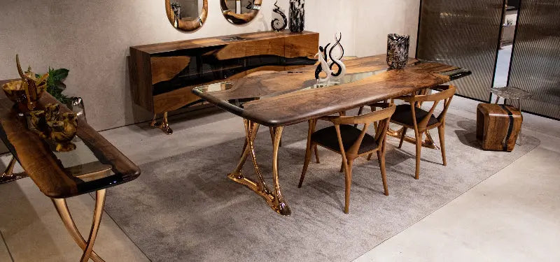 resin osso dining table and walnut dining room set.