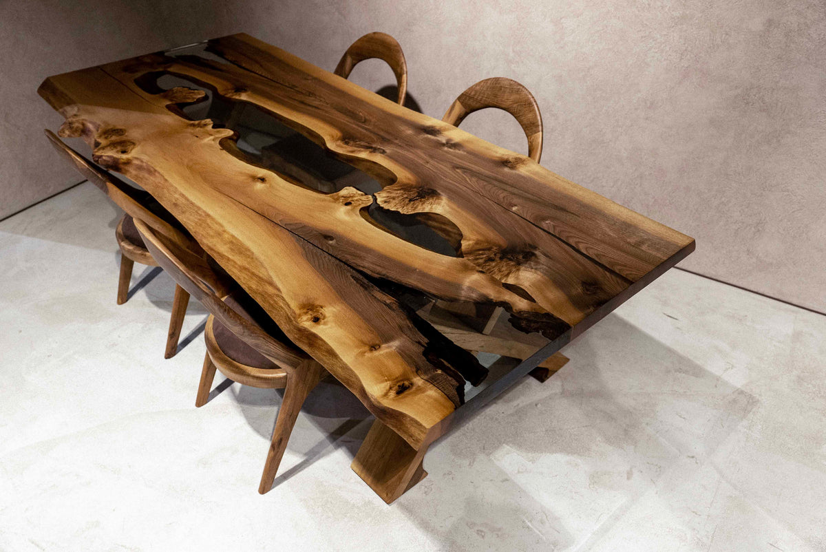 rustic solid walnut wood clear resin dining table with walnut legs