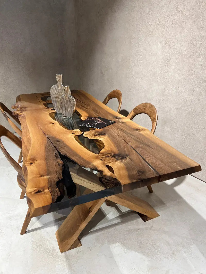 rustic walnut wood clear resin dining table with wooden legs