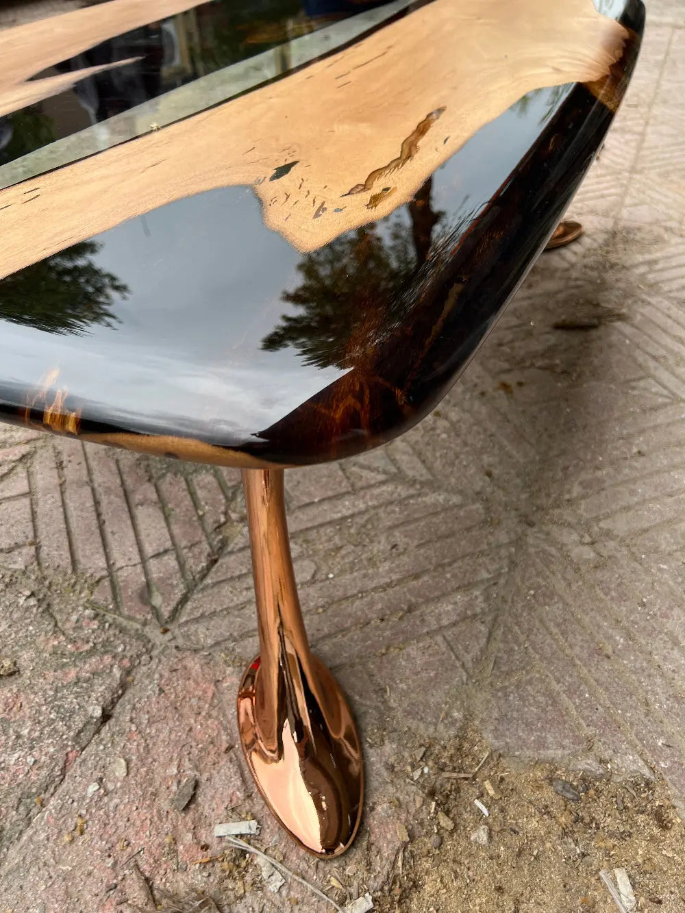 set of Epoxy Resin River Walnut Coffee Table top detailed look