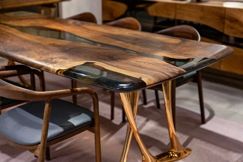 shiny rose gold aluminum legs of resin walnut dining table