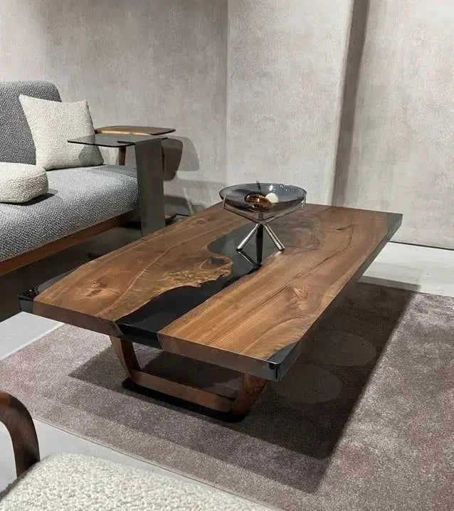 smoked color epoxy coffee table with walnut legs